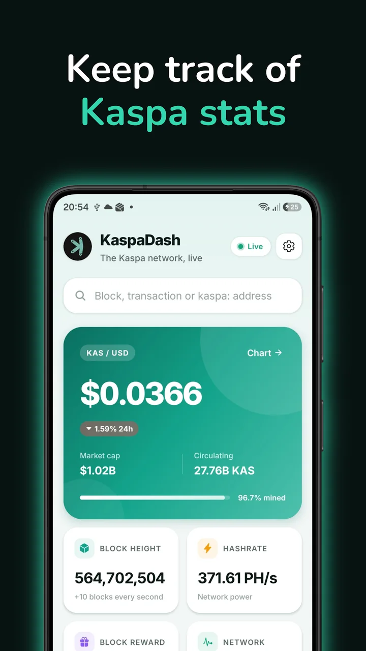 KaspaDash home screen showing the live KAS price, market cap, block height and hashrate