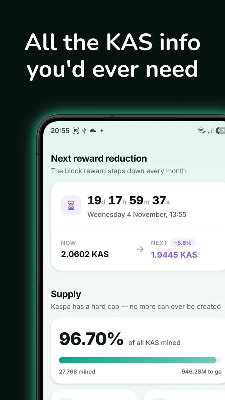 Kaspa block reward reduction countdown and supply mined percentage