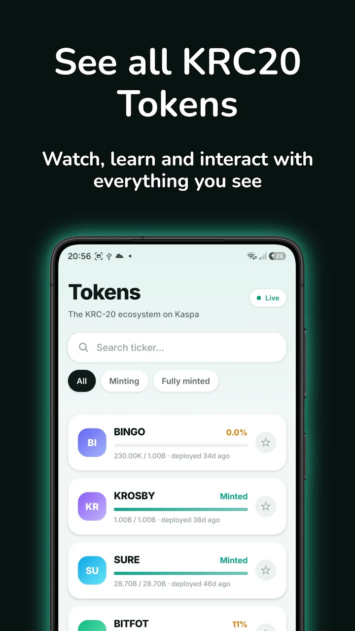 KRC-20 token list with minting progress on Kaspa